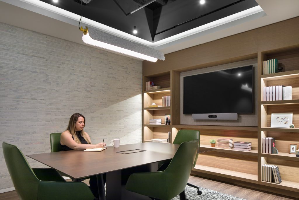 Luxxbox Dasch acoustic light pendant, New York office designed by MMosser