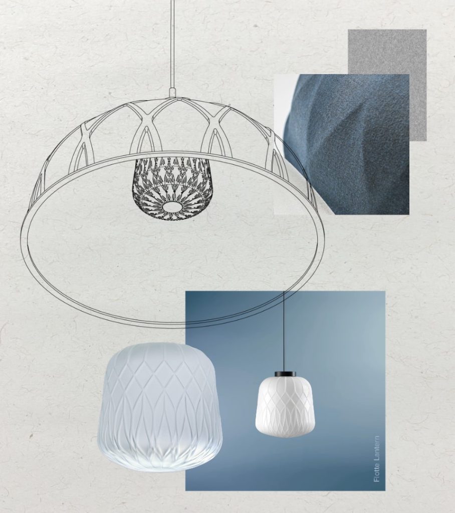 Inspired by the Flotte Lantern, Georigna combines a beautifully detailed glass diffuser coupled with a large domed acoustic shade echoing the same crisscross pattern.